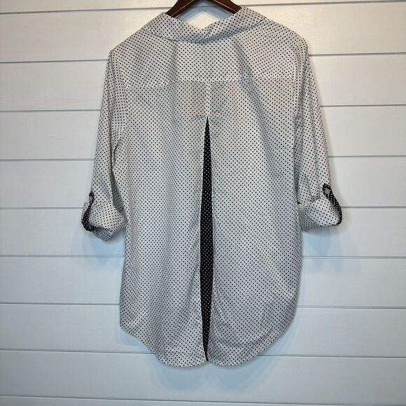 Chicos 2 Top Size 12 Large Black White Polkadot Button Down Shirt HiLow Roll Tab - Picture 6 of 10